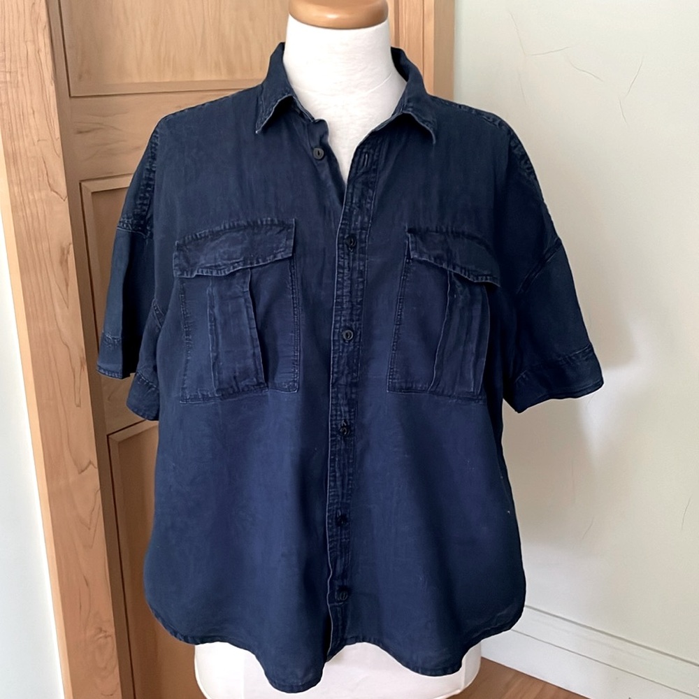 J CREW Navy Blue Short Sleeve Button Down Linen Shirt, Size L